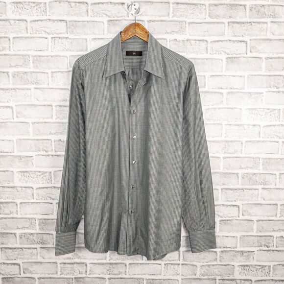 Ermenegildo Z Zegna Men's Button up Shirt in Gray with green striped size 17 - Picture 1 of 5